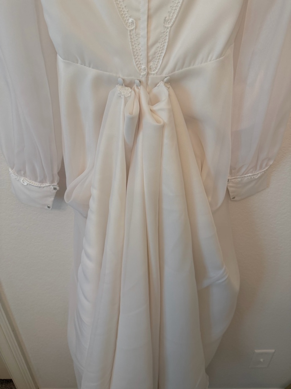 Vintage 1970s Wedding Dress - Prairie Boho Long Sleeved Bridal Gown with Bustle - Picture 9 of 14
